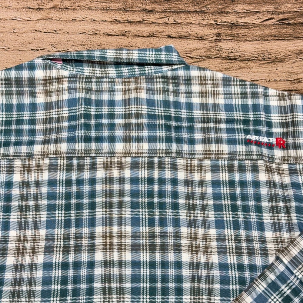 Ariat FR Cobb Work Shirt Mens Large Blue Green Plaid Flame Resistant Snap NEW - Picture 5 of 9